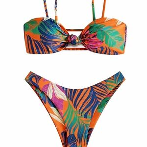 Tropical Print Bikini Set 🌴 Size SIZE SMALL | High Cut Bottoms | Vibrant Orange